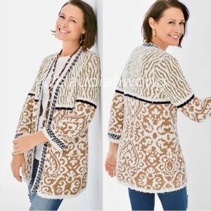 CHICOS Pattern Mix Audrey Open Front Oversized Cardigan Eyelash 3/4 Sleeves XL